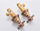 Reverse angle of the two antique brass cross-handle valves and threaded valve bodies
