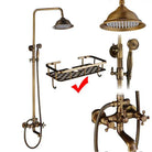 Antique brass exposed shower set with rain head, handshower, tub spout and wire shelf