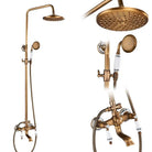 Antique brass exposed shower column with rain head, porcelain-handle handshower and tub spout