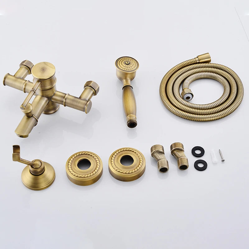 Antique Bronze Faux-Bamboo Tub and Shower Set, all included parts