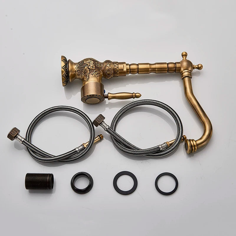 Antique brass swivel faucet with supply hoses and mounting parts