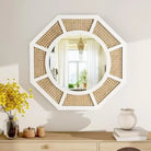 Octagonal Woven Rattan Mirror with White Frame, 24 in, over a console with yellow flowers