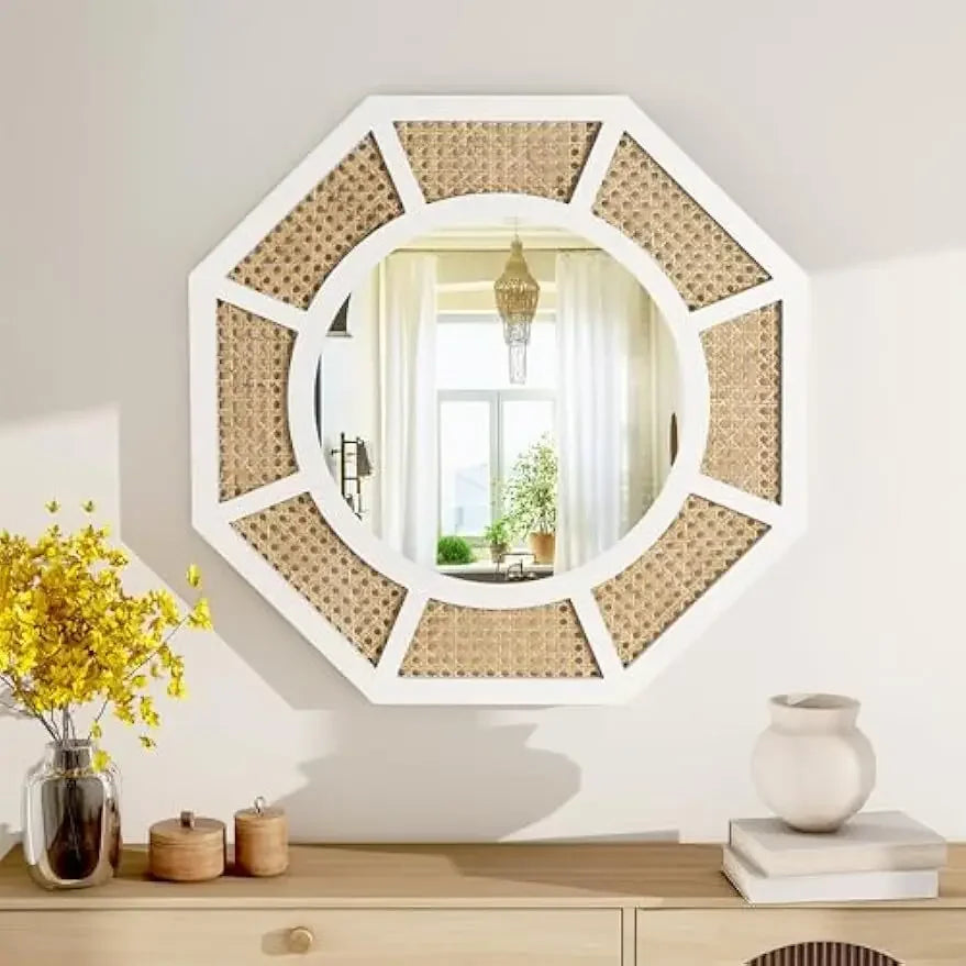 Octagonal Woven Rattan Mirror with White Frame, 24 in, over a console with yellow flowers