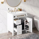 White vanity with drawers open to show organizers