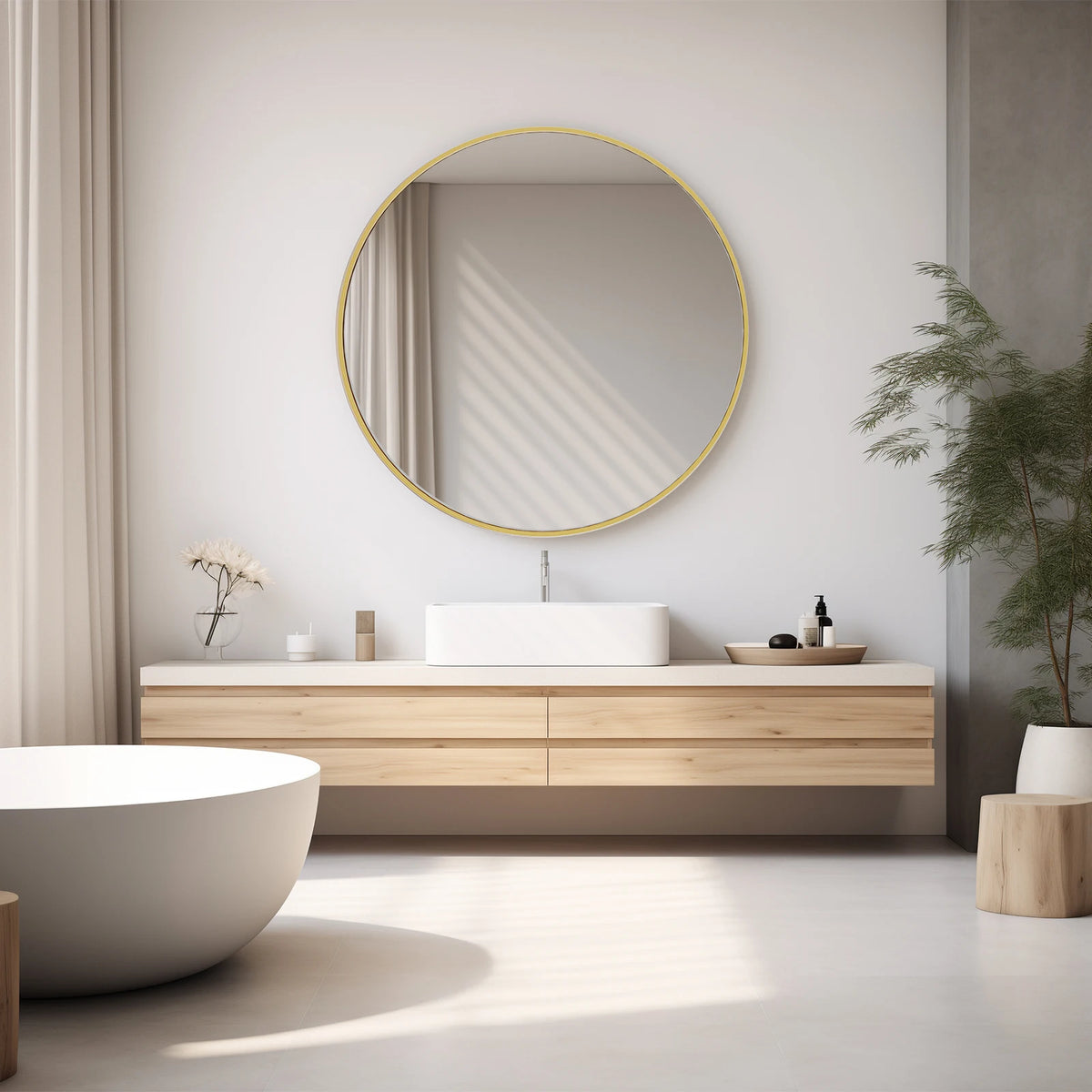 Round matte gold frame mirror above a floating wood vanity with a vessel sink