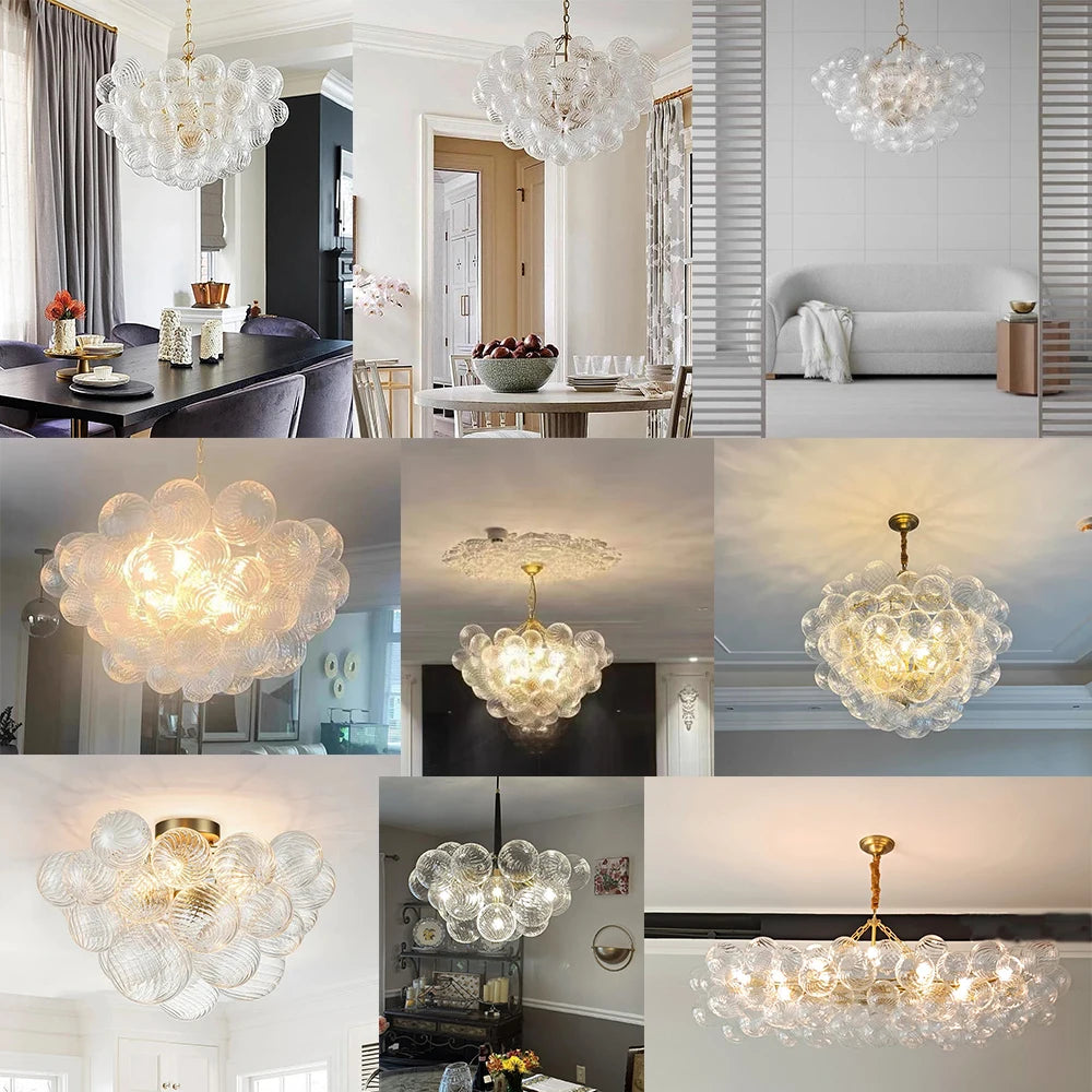 Collage of the ribbed glass globe semi-flush chandelier installed in kitchens, dining and living rooms