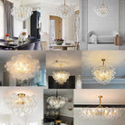 Collage of the ribbed glass globe semi-flush chandelier installed in kitchens, dining and living rooms