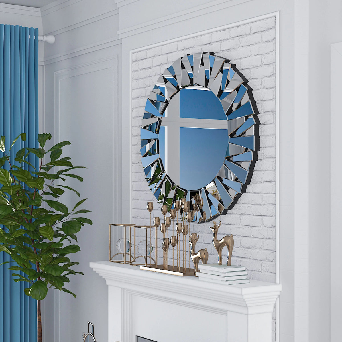 Round sunburst mirror on a white brick wall above a console with gold accents