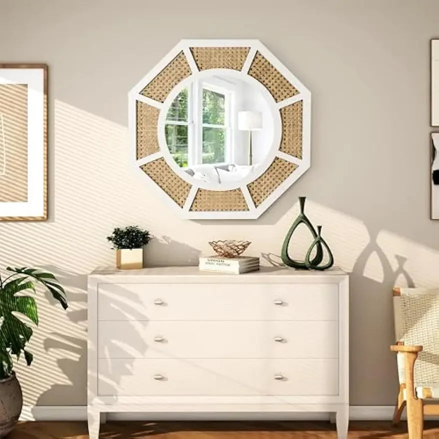 Octagonal Woven Rattan Mirror with White Frame, 24 in, above a white dresser