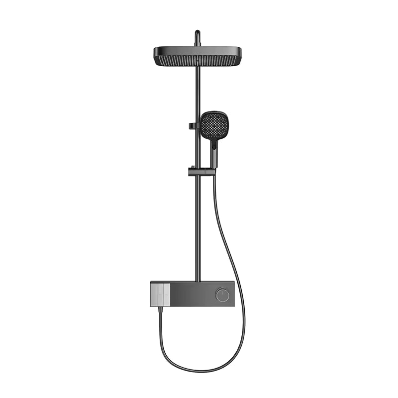 Black digital display rainfall shower system with handheld shower and control shelf