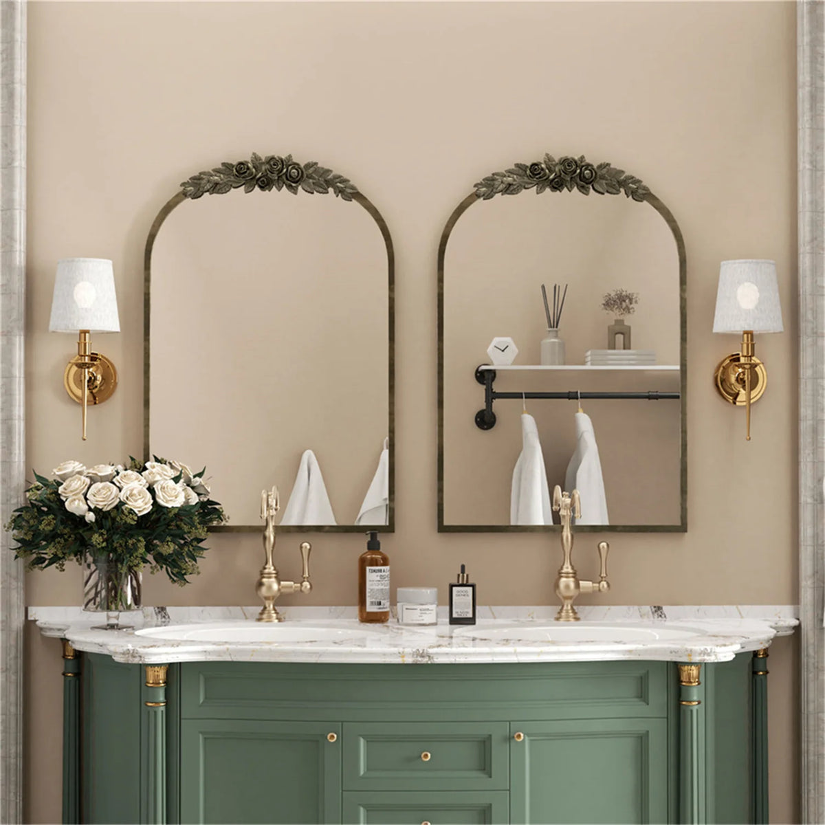 Pair of antique silver baroque arched mirrors over a double vanity