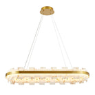 Oval alabaster stone linear chandelier with brass band and canopy on suspension cables