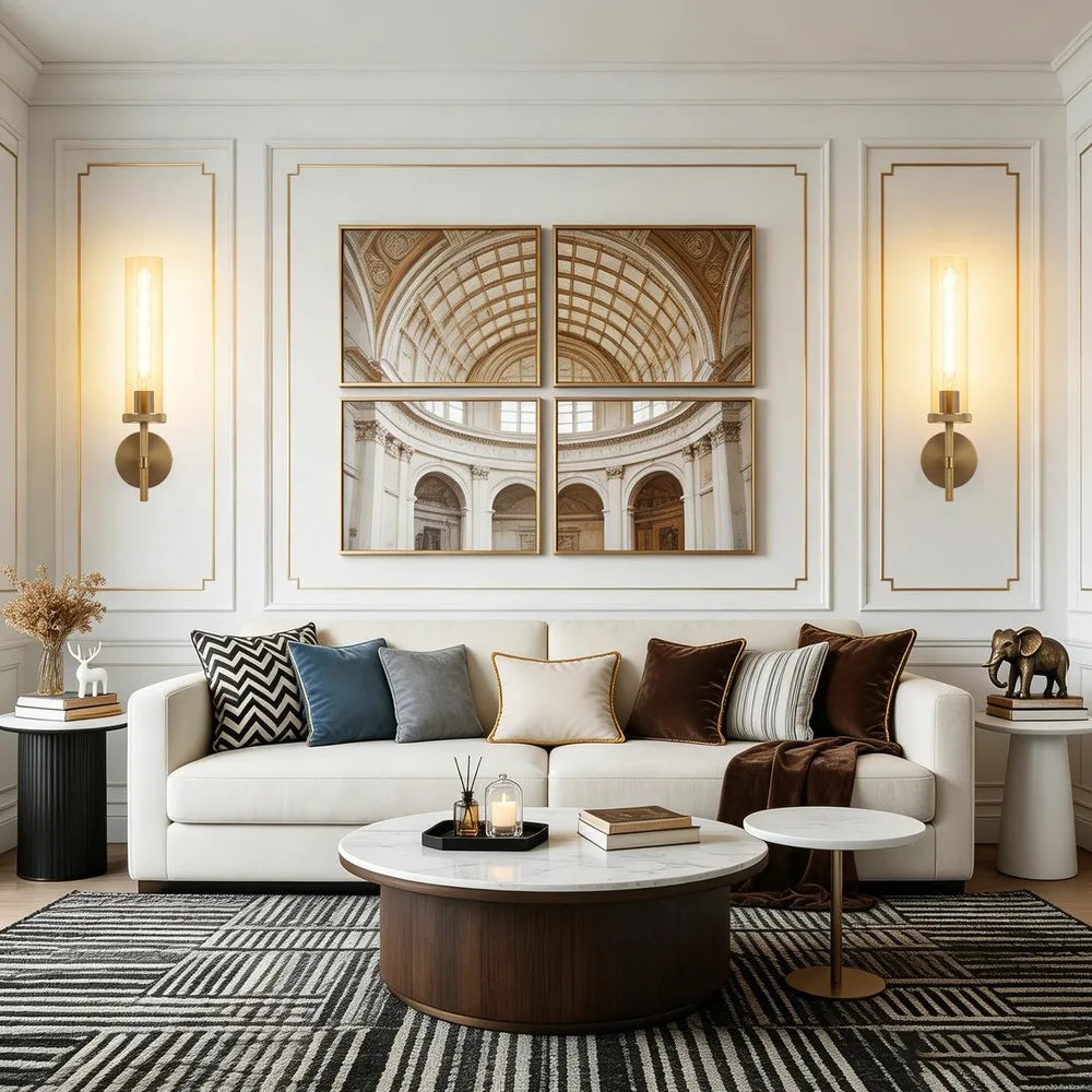 Knurled gold glass-tube wall sconces flanking artwork in a living room