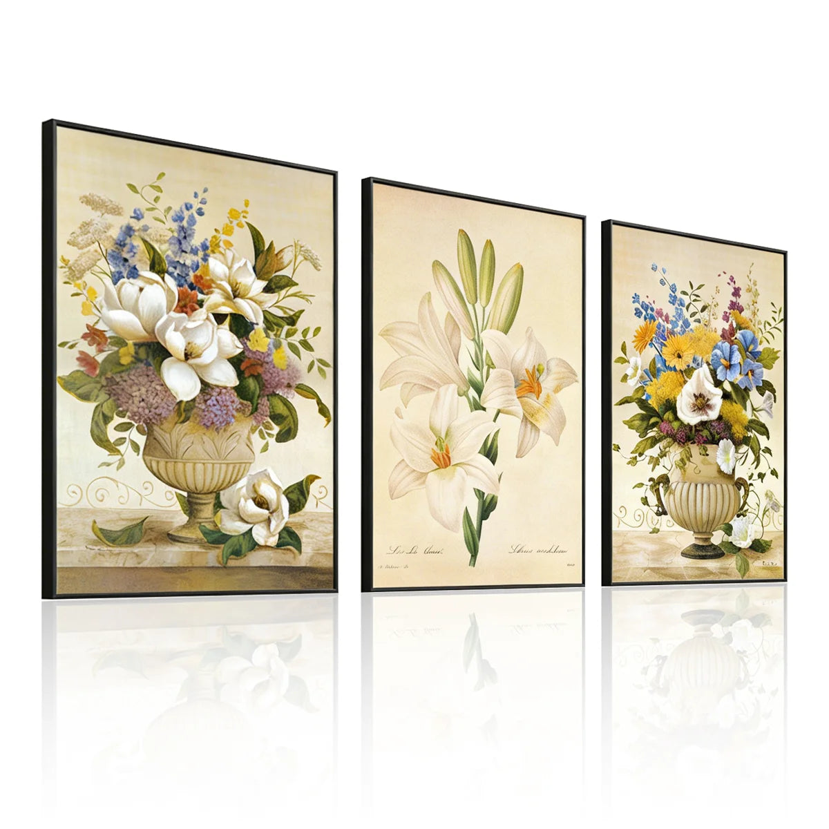 Set of three framed vintage floral still-life prints in black frames, angled view