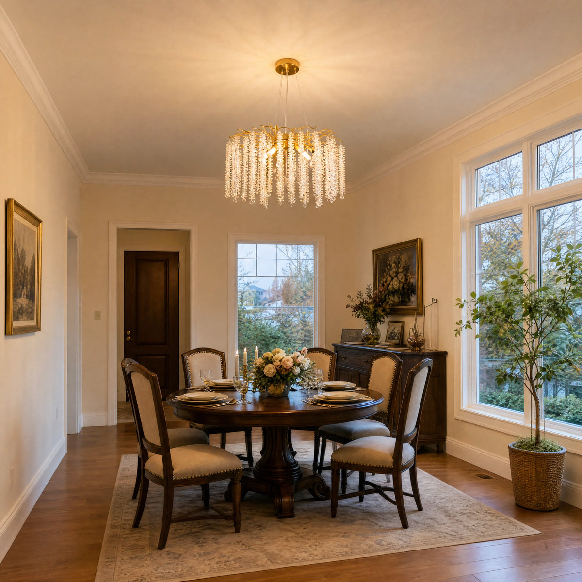 Gold raindrop crystal chandelier glowing over a round dining table in a bright room