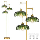Gold Palm Floor Lamp with Green Glass Shades, full view on white