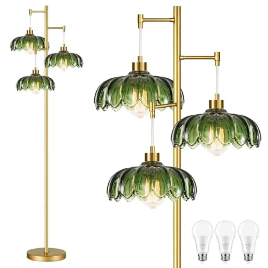 Gold Palm Floor Lamp with Green Glass Shades, full view on white