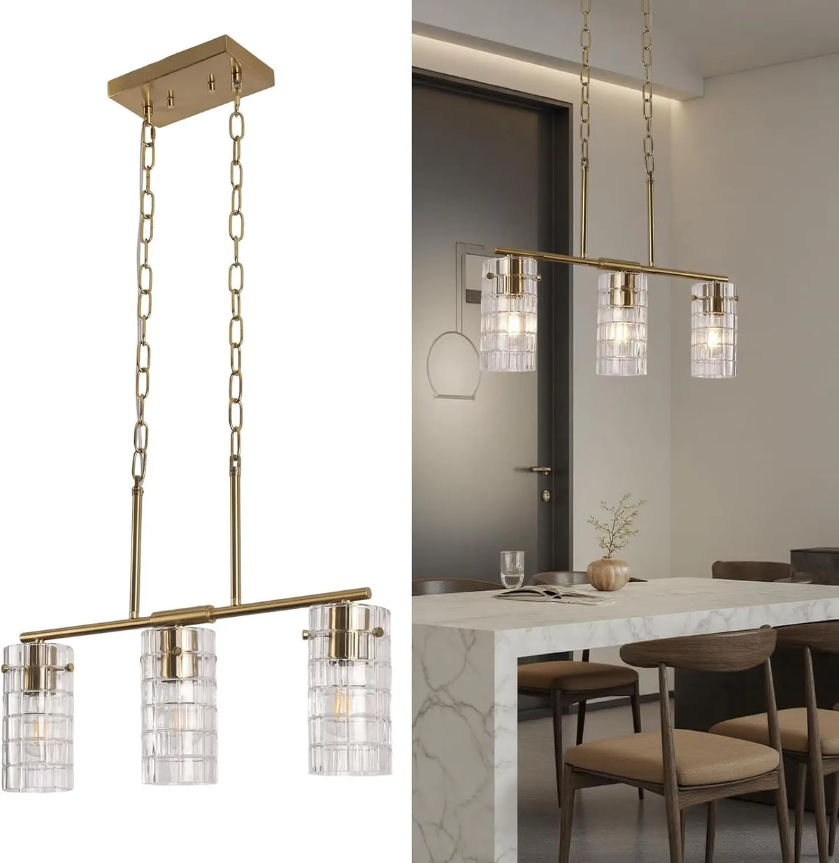 Brass three-light linear pendant with clear glass shades over a kitchen island