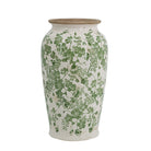 White and green floral ceramic vase, full view