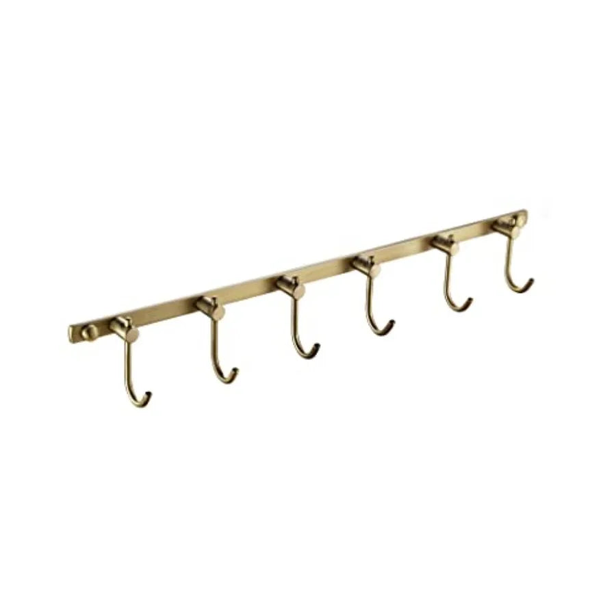 Brushed brass towel rail with six curved hooks