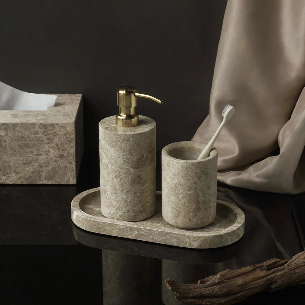 Emperador marble soap dispenser and toothbrush tumbler on an oval marble tray