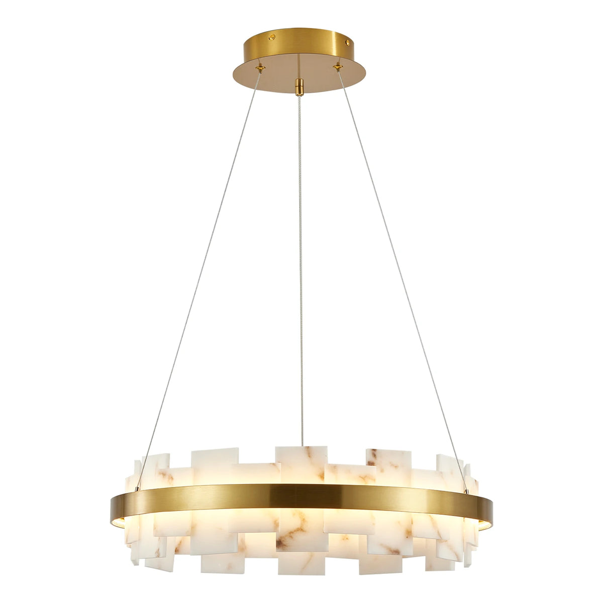 Round alabaster-look LED pendant light with a gold ring on a white background
