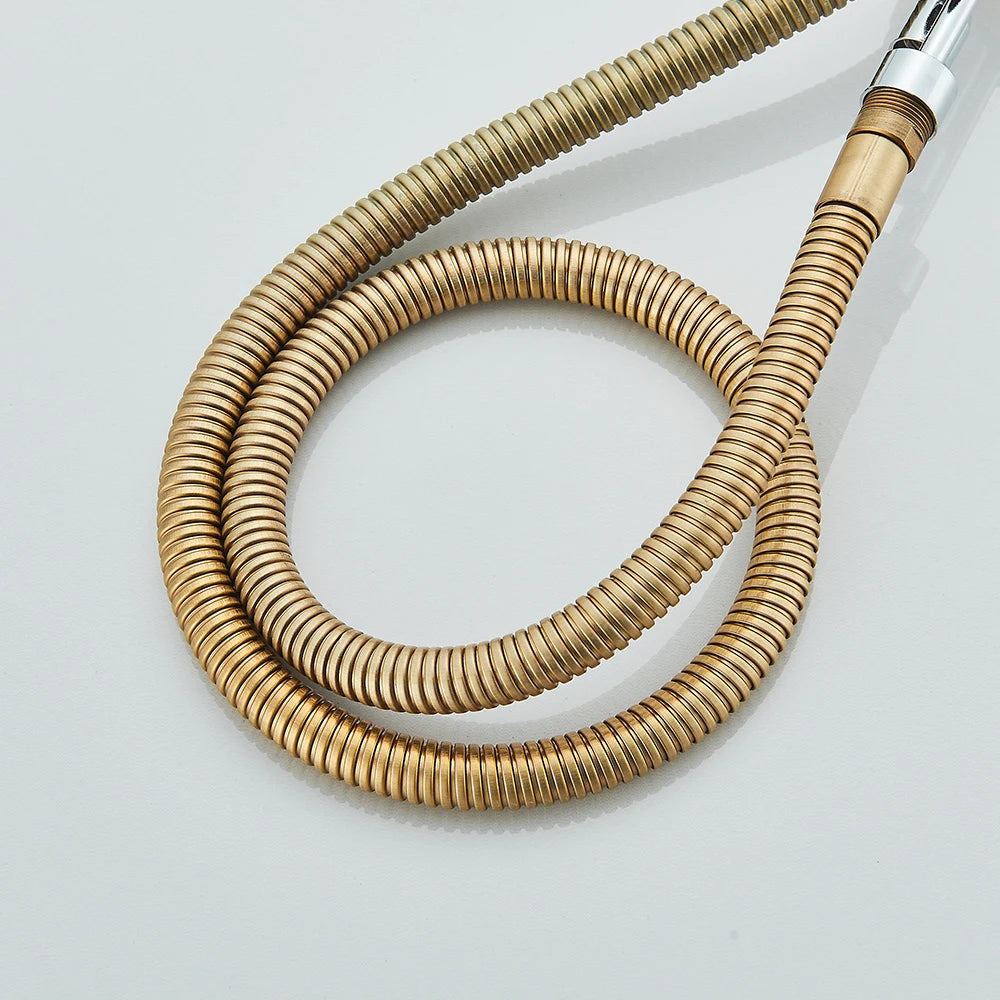 Coiled antique brass braided pull-out hose for the single-hole kitchen faucet