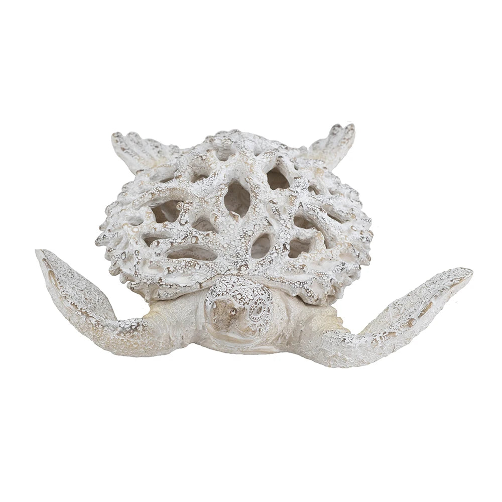 White coral-pattern sea turtle sculpture, front view with flippers spread