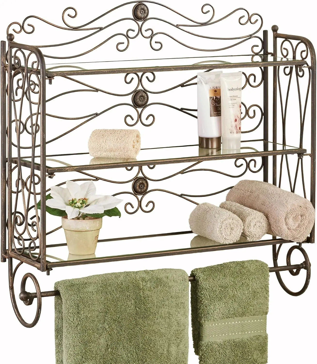 Three-tier antique bronze scrollwork bath shelf with rolled towels