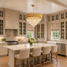 Raindrop crystal chandelier above a kitchen island