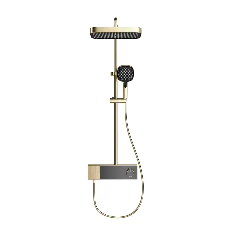 Rose gold digital display rainfall shower system with handheld shower and control shelf