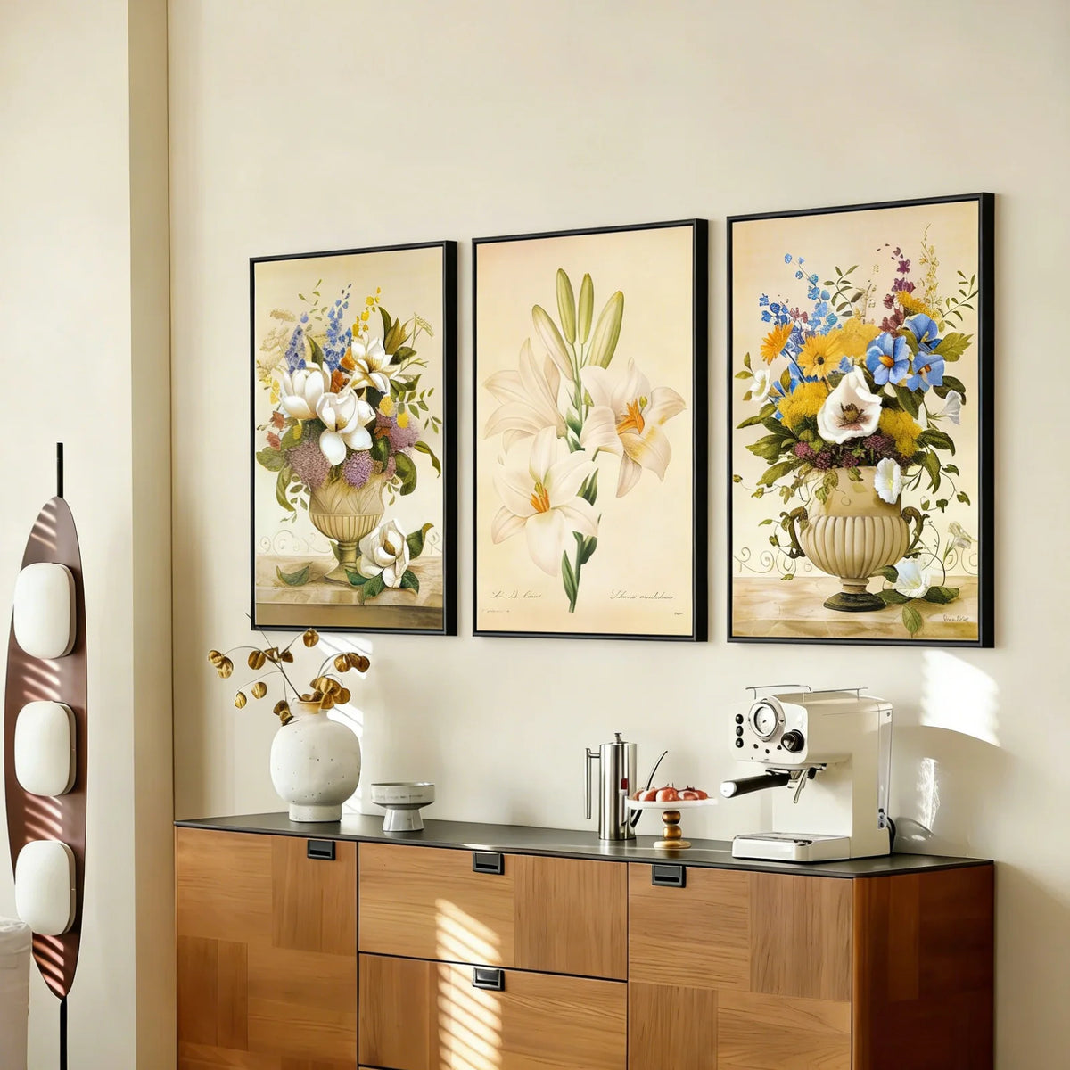 Vintage floral still-life framed prints, set of 3, styled above a wood sideboard