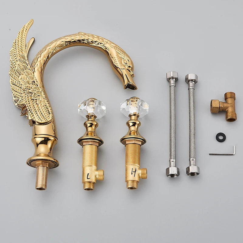 Gold Swan Widespread Faucet with Crystal Handles, spout, handles and fittings