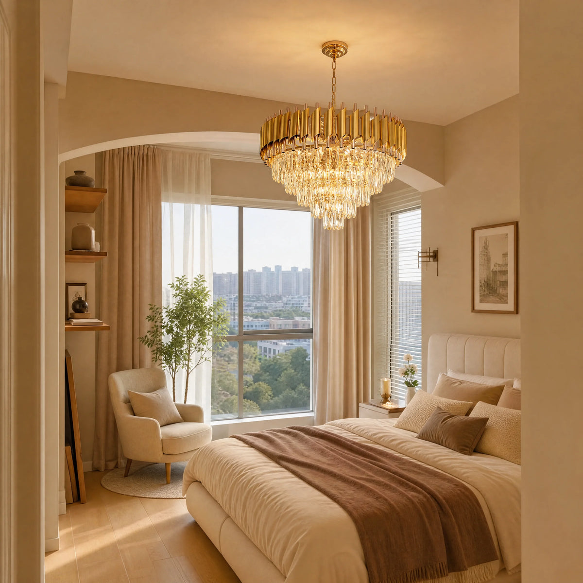 Gold crystal chandelier in a bedroom