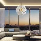 Hand-Blown White Glass Flower Chandelier, 24 in, in a living room with city views at dusk