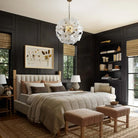 Hand-Blown White Glass Flower Chandelier, 24 in, in a dark-panelled bedroom