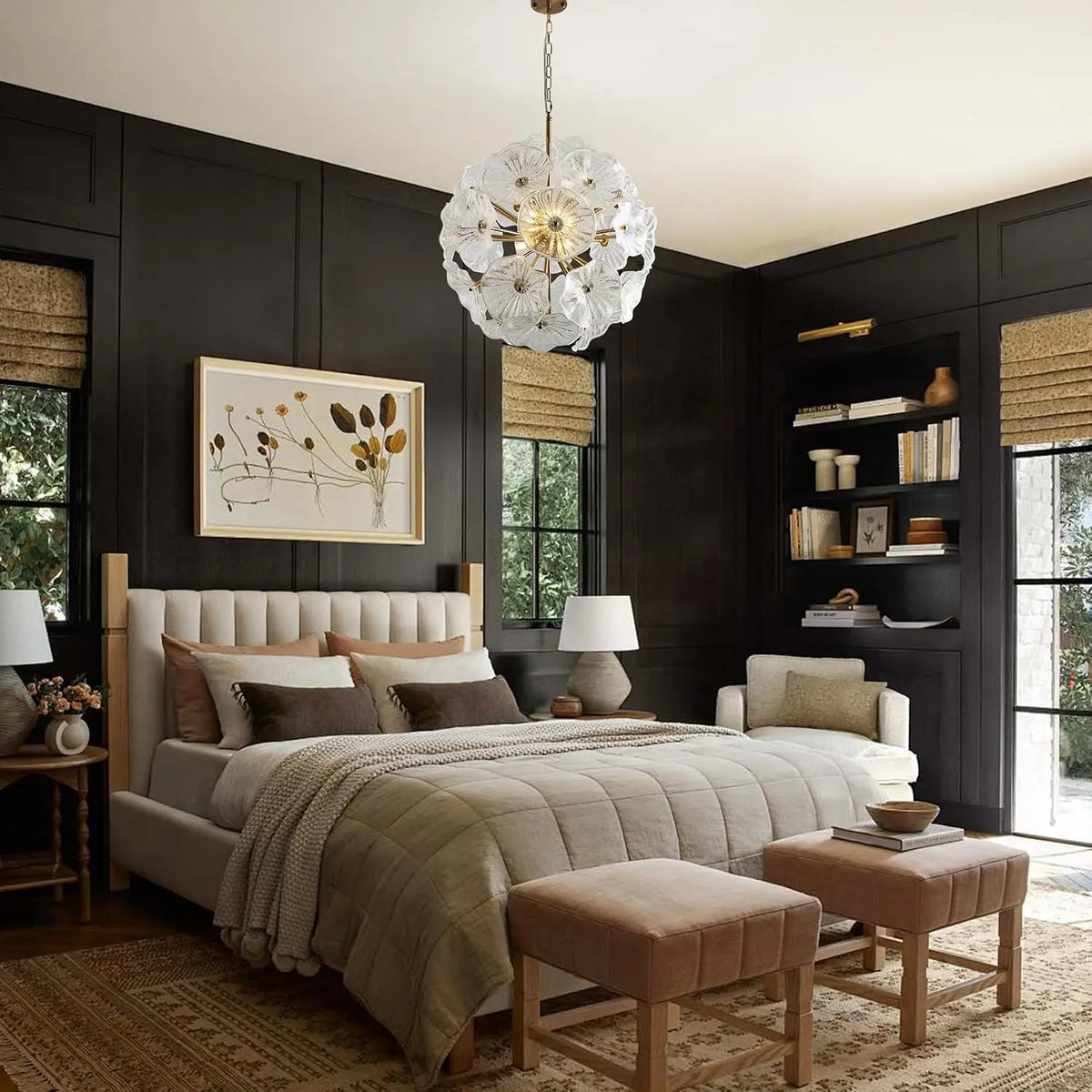 Hand-Blown White Glass Flower Chandelier, 24 in, in a dark-panelled bedroom