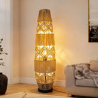 Tall woven rattan floor lamp on a dark round base