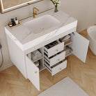 White vanity with drawers and door open to show storage