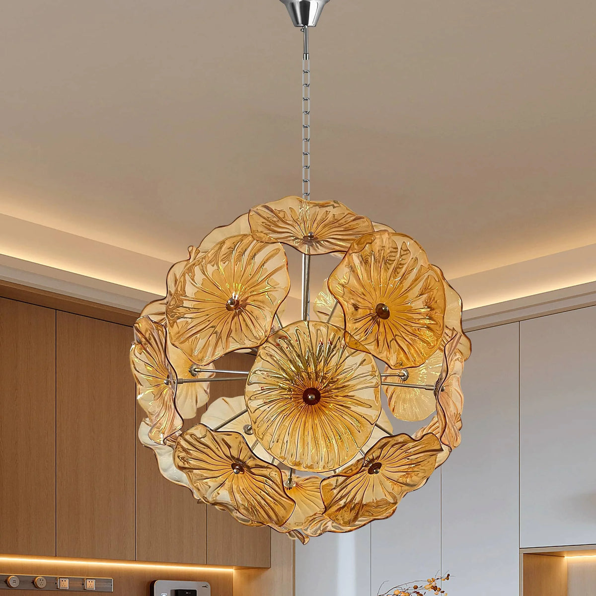 Amber Murano-style glass flower chandelier, globe of glass blossoms, lit