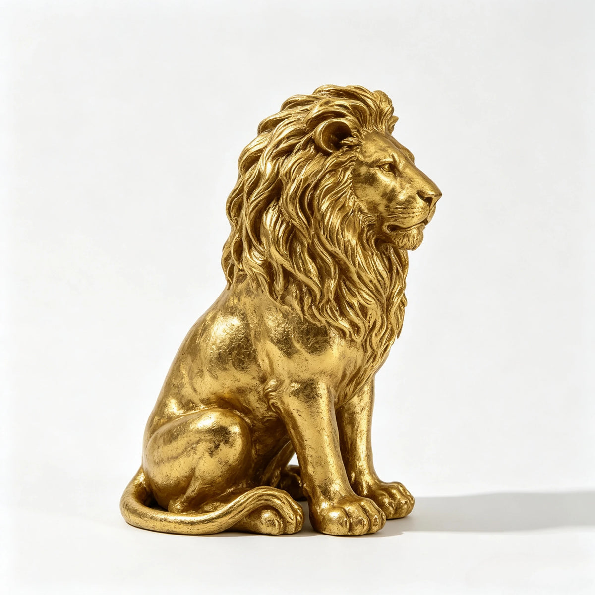 Gold seated lion statue, side profile