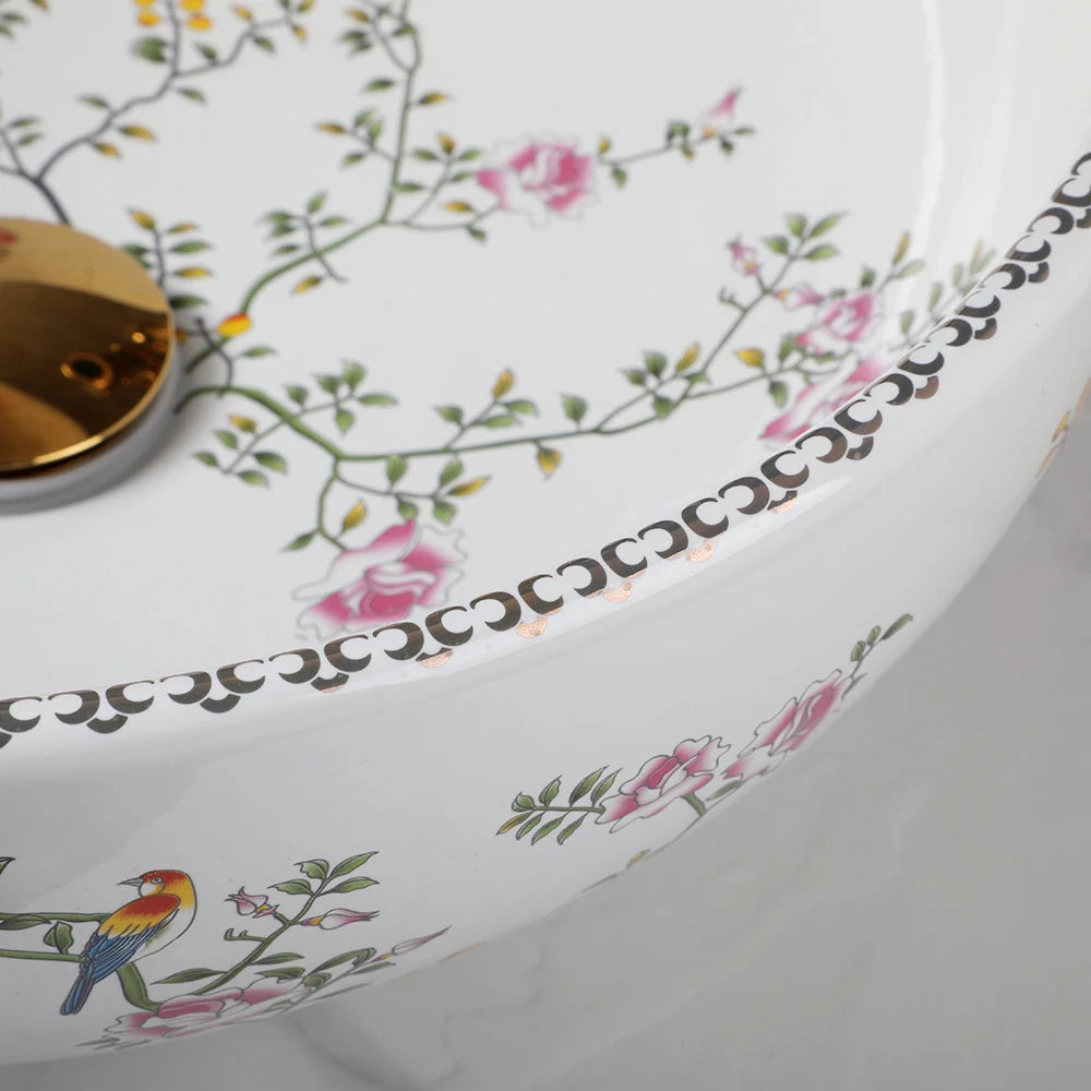 Close-up of the flower-and-bird pattern and dotted rim