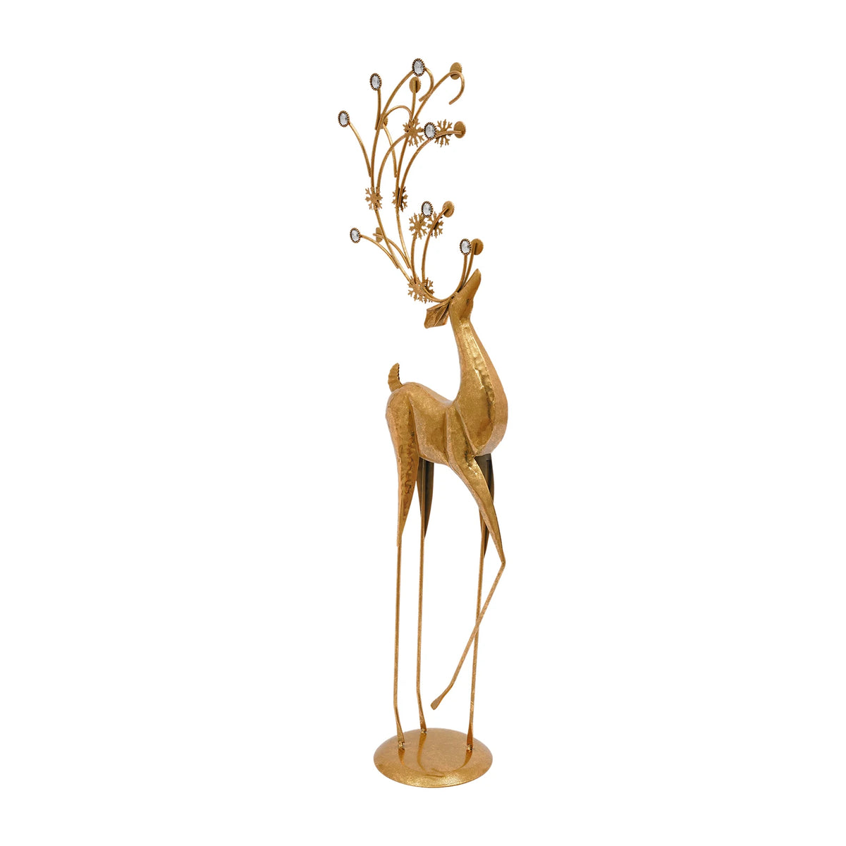 Gold metal deer sculpture with faux-crystal antlers (side view)