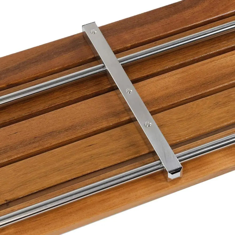 Foldable teak shower bench with stainless steel brackets (in a room)