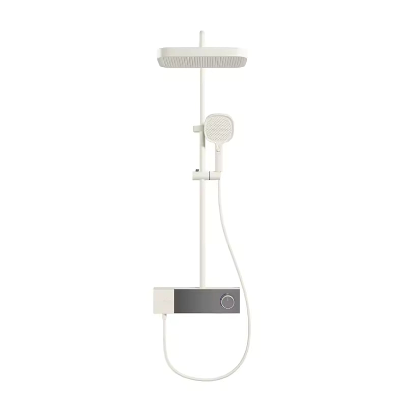 White digital display rainfall shower system with handheld shower and control shelf
