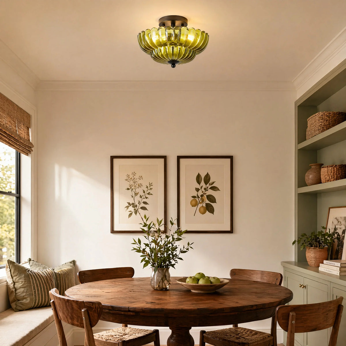 Green petal glass ceiling light in a dining room