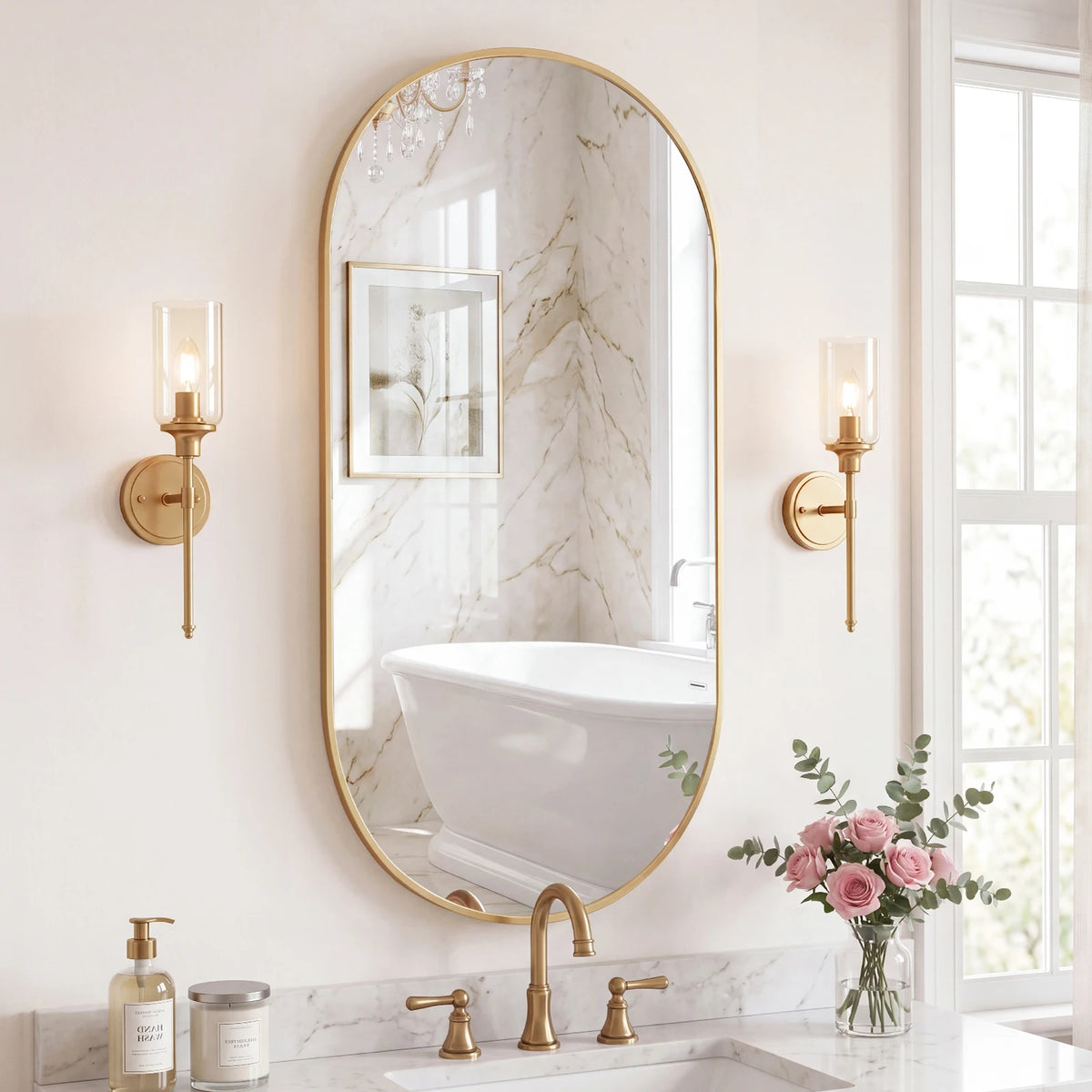 Gold pill-shaped bathroom mirror between brass sconces above a marble vanity