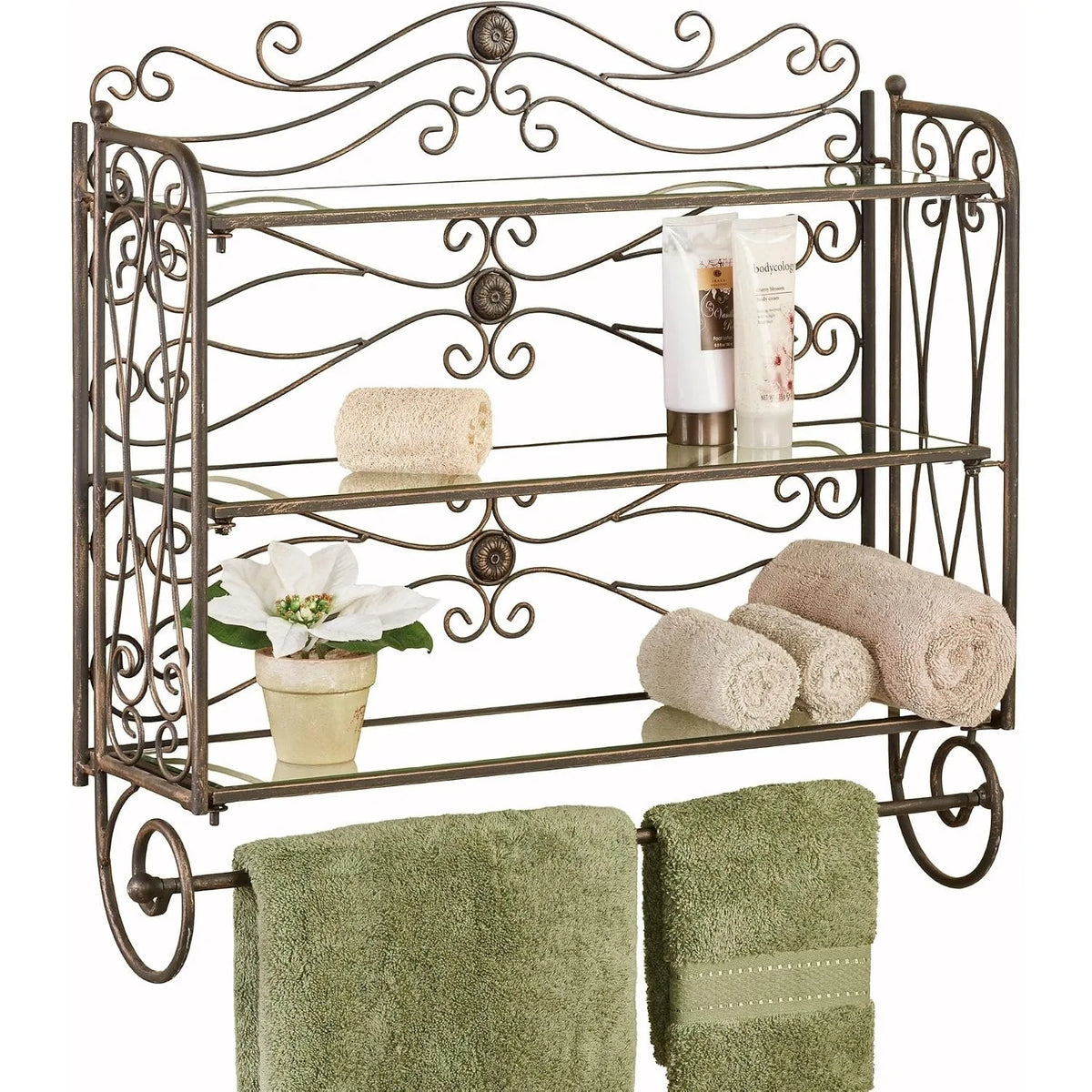 Antique bronze scrollwork bath shelf with towel bar and green towels