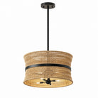Natural rattan four-light drum pendant with a dark center band