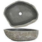 Top and side views of the natural river-stone oval vessel sink with drain hole
